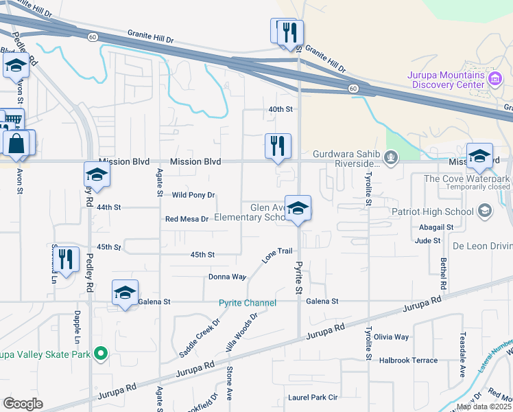map of restaurants, bars, coffee shops, grocery stores, and more near 8322 Stonewood Lane in Riverside
