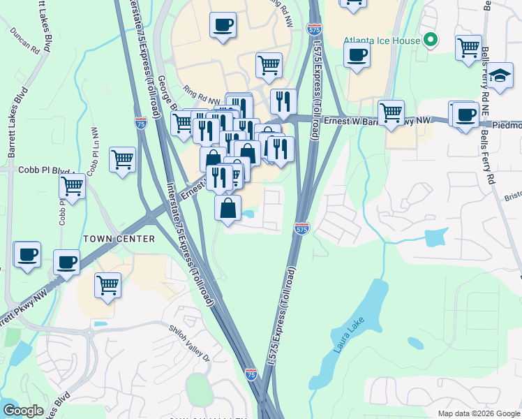 map of restaurants, bars, coffee shops, grocery stores, and more near 2333 Heritage Park Circle in Kennesaw