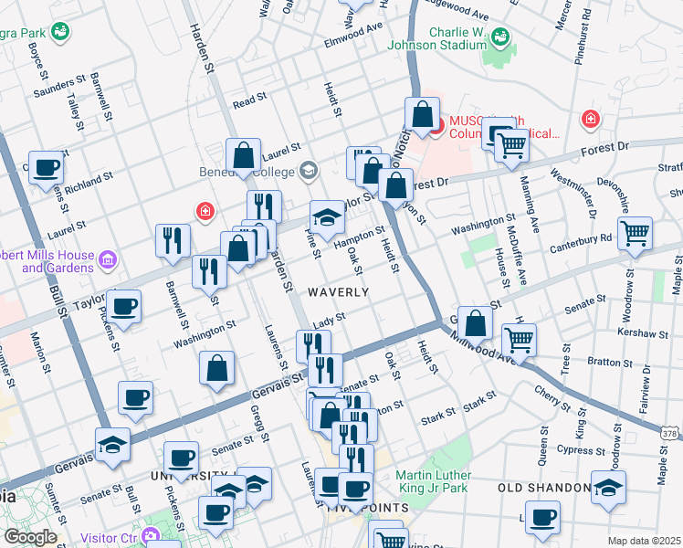 map of restaurants, bars, coffee shops, grocery stores, and more near 2219 Washington Street in Columbia