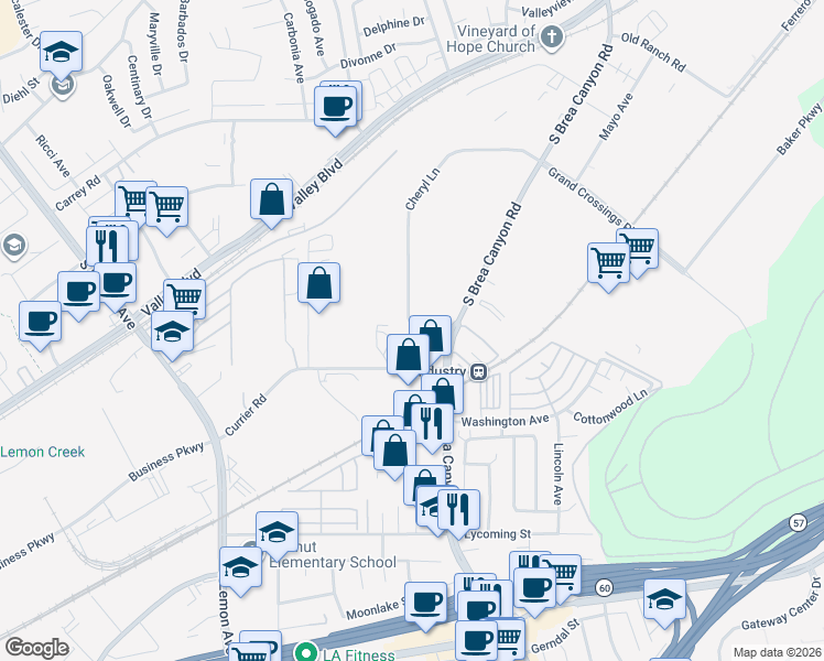 map of restaurants, bars, coffee shops, grocery stores, and more near 20947 Currier Road in Walnut