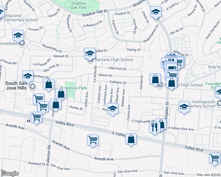 map of restaurants, bars, coffee shops, grocery stores, and more near 503 Abery Avenue in La Puente