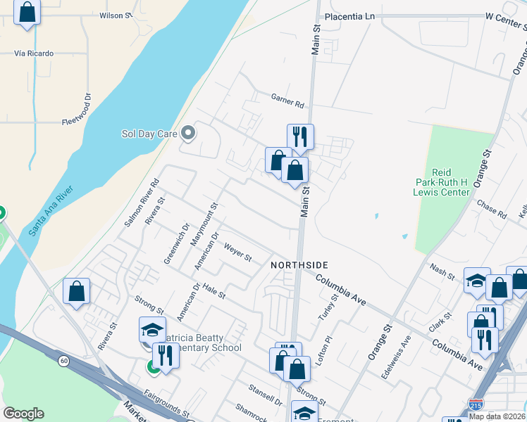 map of restaurants, bars, coffee shops, grocery stores, and more near 4015 Witt Avenue in Riverside