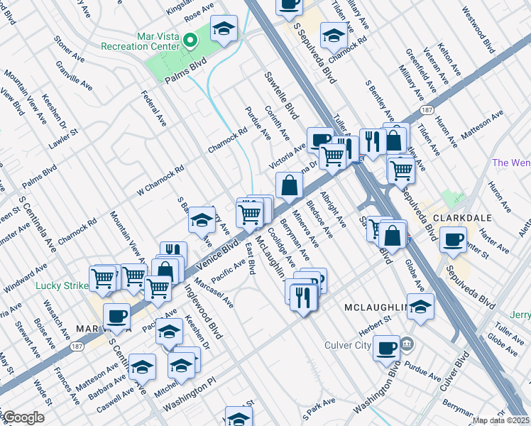 map of restaurants, bars, coffee shops, grocery stores, and more near 11519 Venice Boulevard in Los Angeles
