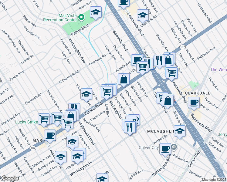 map of restaurants, bars, coffee shops, grocery stores, and more near 11519 Venice Boulevard in Los Angeles