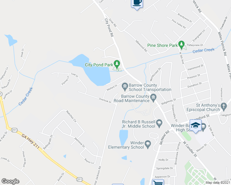 map of restaurants, bars, coffee shops, grocery stores, and more near 706 High Point Drive in Winder