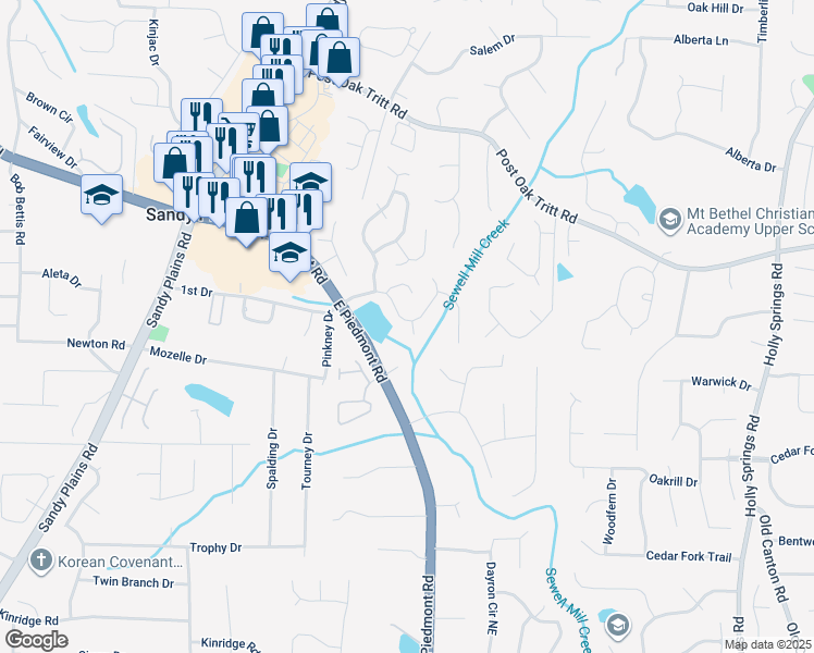 map of restaurants, bars, coffee shops, grocery stores, and more near 2400 Catamaran Court in Marietta