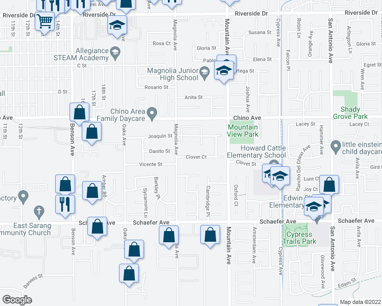 map of restaurants, bars, coffee shops, grocery stores, and more near 6150 Clover Court in Chino