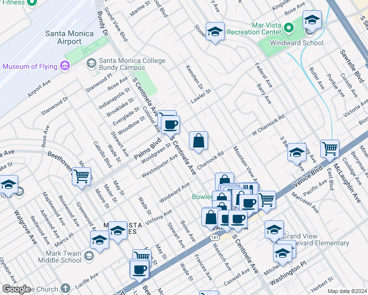 map of restaurants, bars, coffee shops, grocery stores, and more near 3544 South Centinela Avenue in Los Angeles