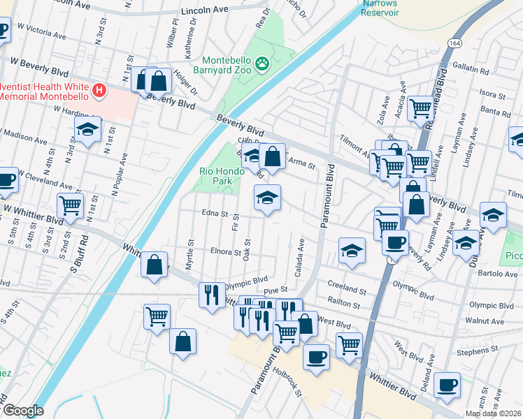 map of restaurants, bars, coffee shops, grocery stores, and more near 4642 Oak Street in Pico Rivera