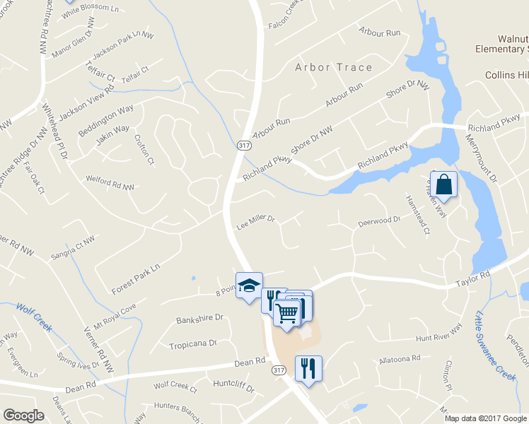 map of restaurants, bars, coffee shops, grocery stores, and more near 457 Lee Miller Drive in Suwanee