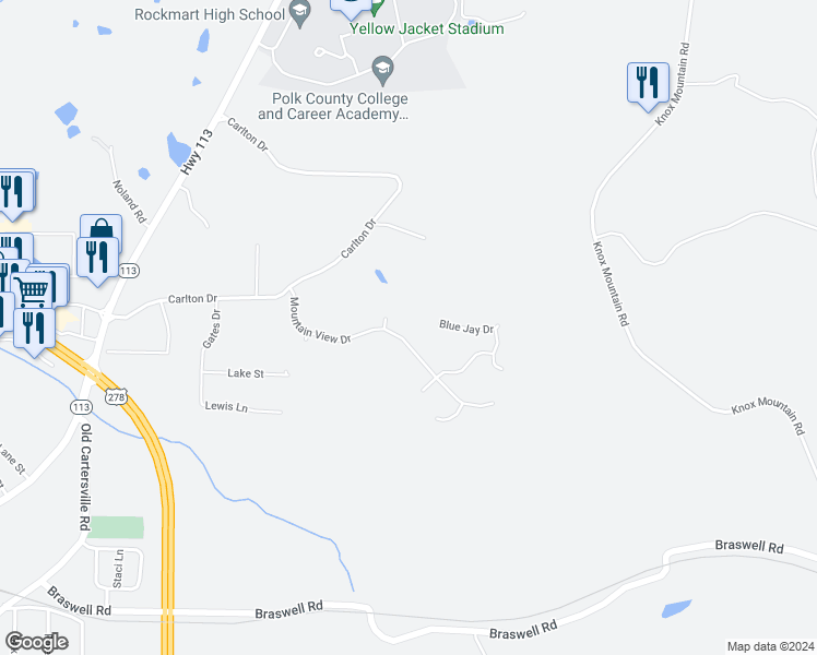 map of restaurants, bars, coffee shops, grocery stores, and more near 47 Mountain View Drive in Rockmart