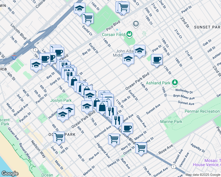 map of restaurants, bars, coffee shops, grocery stores, and more near 1109 Maple Street in Santa Monica
