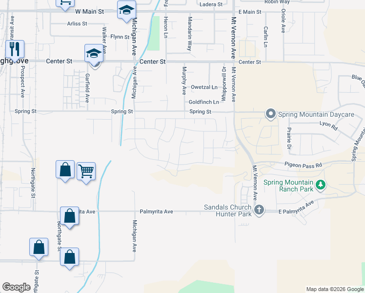 map of restaurants, bars, coffee shops, grocery stores, and more near 500-698 Murphy Avenue in Riverside