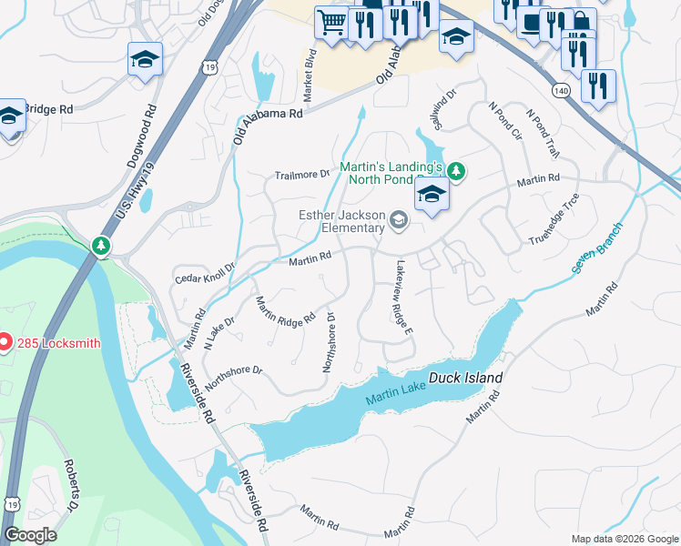 map of restaurants, bars, coffee shops, grocery stores, and more near 1200 Martin Ridge Road in Roswell