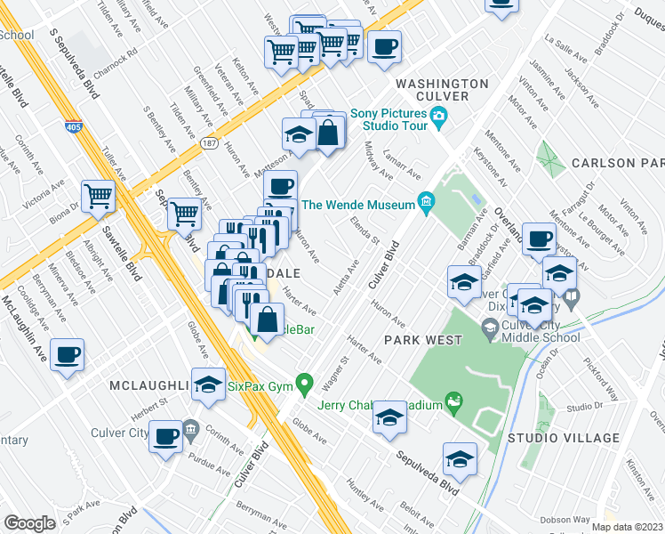 map of restaurants, bars, coffee shops, grocery stores, and more near 4120 Huron Avenue in Culver City
