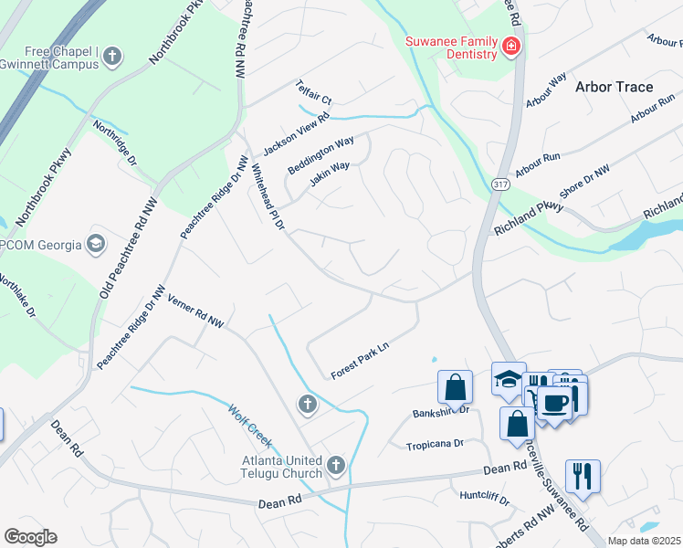 map of restaurants, bars, coffee shops, grocery stores, and more near 2445 Whitehead Place Drive in Suwanee