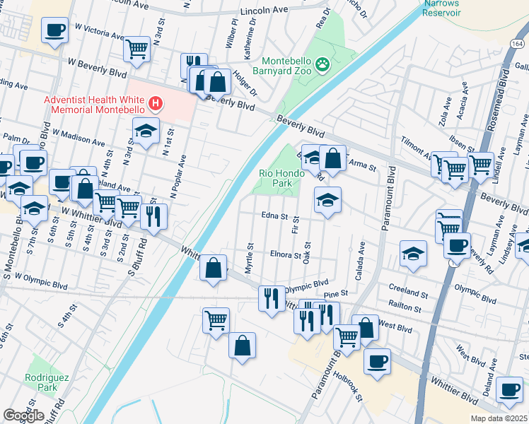 map of restaurants, bars, coffee shops, grocery stores, and more near 8311 Edna Street in Pico Rivera