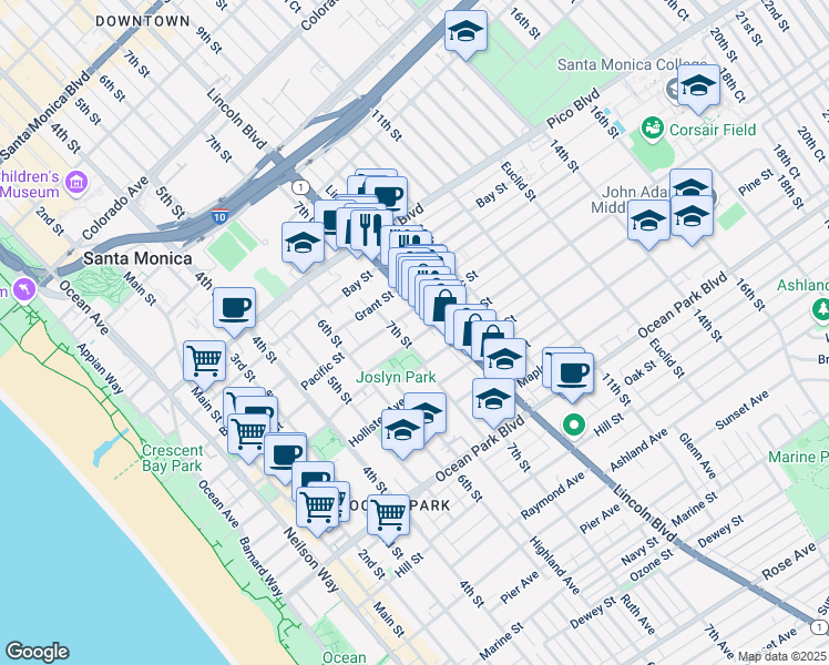 map of restaurants, bars, coffee shops, grocery stores, and more near 717 Strand Street in Santa Monica