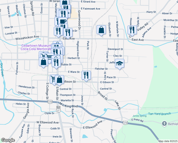 map of restaurants, bars, coffee shops, grocery stores, and more near 409 Park Street in Cedartown
