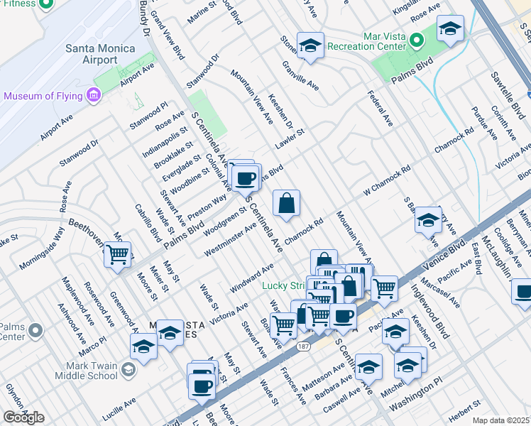 map of restaurants, bars, coffee shops, grocery stores, and more near 3544 South Centinela Avenue in Los Angeles