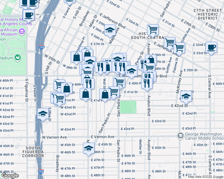 map of restaurants, bars, coffee shops, grocery stores, and more near 4055 Trinity Street in Los Angeles