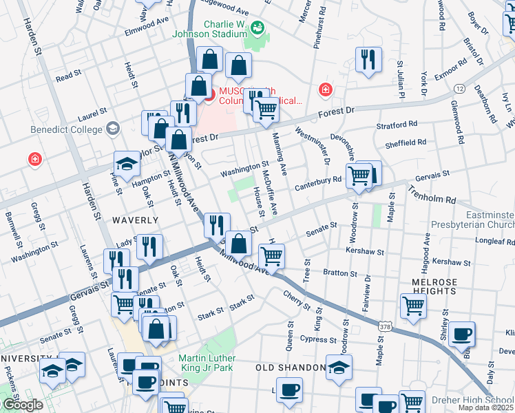 map of restaurants, bars, coffee shops, grocery stores, and more near 2415 F M Young Avenue in Columbia