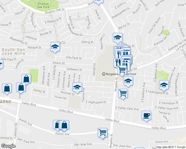 map of restaurants, bars, coffee shops, grocery stores, and more near 439 Gendel Drive in La Puente