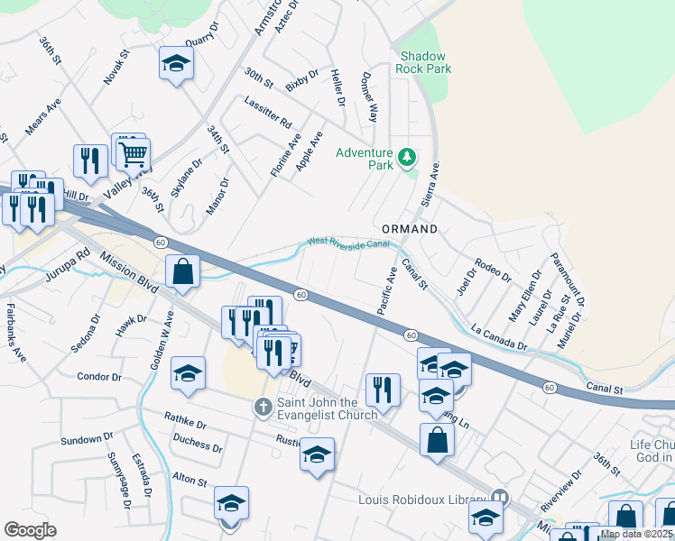 map of restaurants, bars, coffee shops, grocery stores, and more near 3410 Lakota Lane in Jurupa Valley