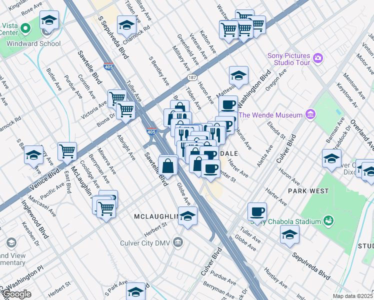 map of restaurants, bars, coffee shops, grocery stores, and more near 3964 Sepulveda Boulevard in Culver City