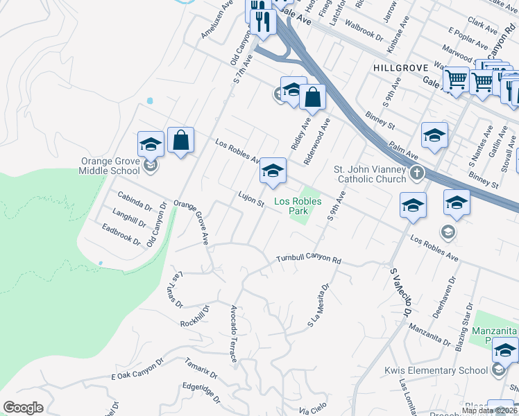map of restaurants, bars, coffee shops, grocery stores, and more near 1601 Ridley Avenue in Hacienda Heights