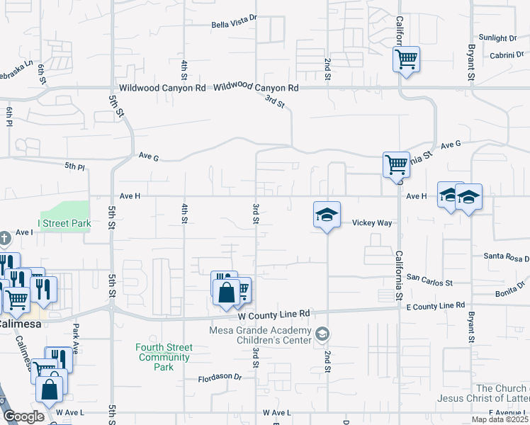map of restaurants, bars, coffee shops, grocery stores, and more near 13441 3rd Street in Yucaipa