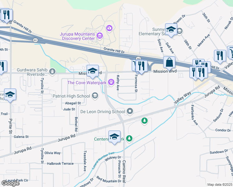 map of restaurants, bars, coffee shops, grocery stores, and more near 4310 Camino Real in Riverside