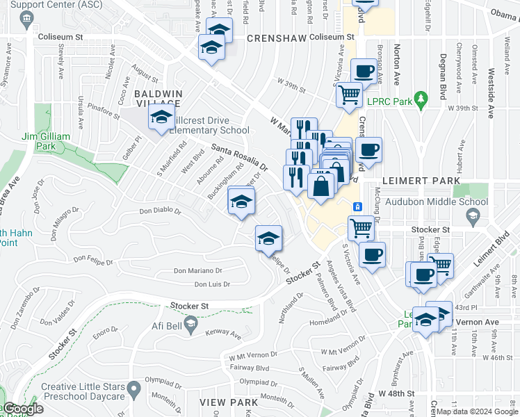 map of restaurants, bars, coffee shops, grocery stores, and more near 4147 Lockland Place in Los Angeles
