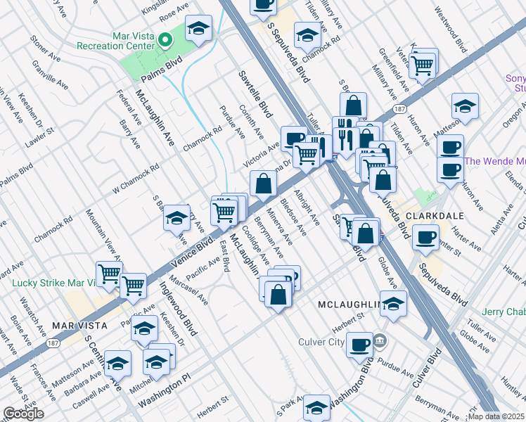 map of restaurants, bars, coffee shops, grocery stores, and more near 3816 Minerva Avenue in Los Angeles