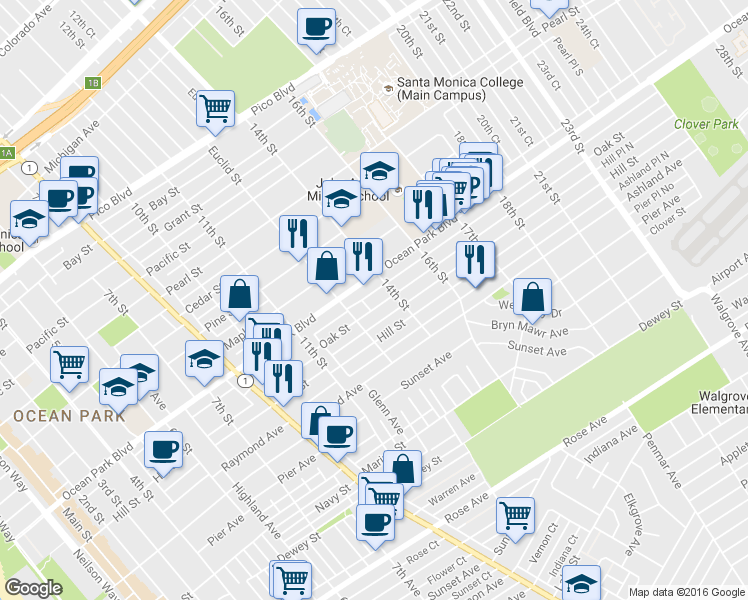 map of restaurants, bars, coffee shops, grocery stores, and more near 1345 Oak Street in Santa Monica