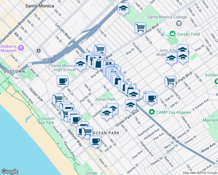 map of restaurants, bars, coffee shops, grocery stores, and more near 727 Strand Street in Santa Monica