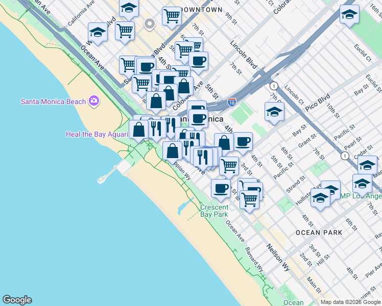 map of restaurants, bars, coffee shops, grocery stores, and more near 1733 Ocean Avenue in Santa Monica