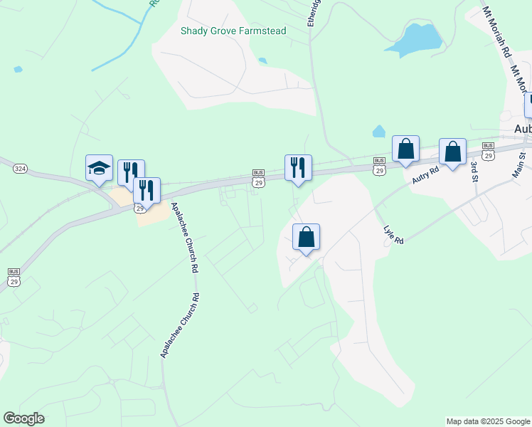 map of restaurants, bars, coffee shops, grocery stores, and more near 1585 Auburn Park Court in Auburn