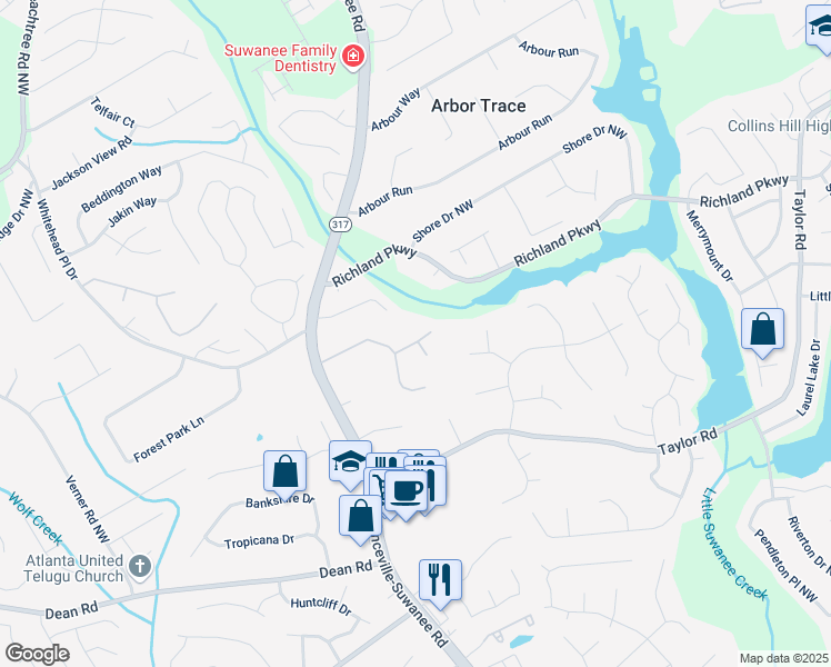 map of restaurants, bars, coffee shops, grocery stores, and more near 335 Lee Miller Court in Suwanee