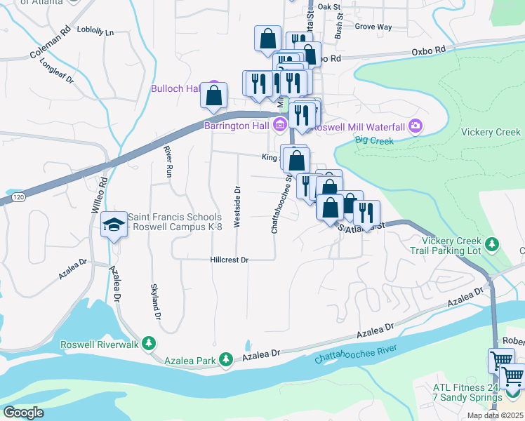 map of restaurants, bars, coffee shops, grocery stores, and more near Chattahoochee Street in Roswell