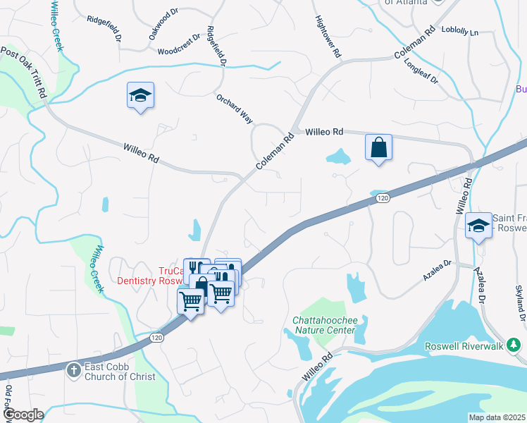 map of restaurants, bars, coffee shops, grocery stores, and more near 6040 Dumont Trace in Roswell