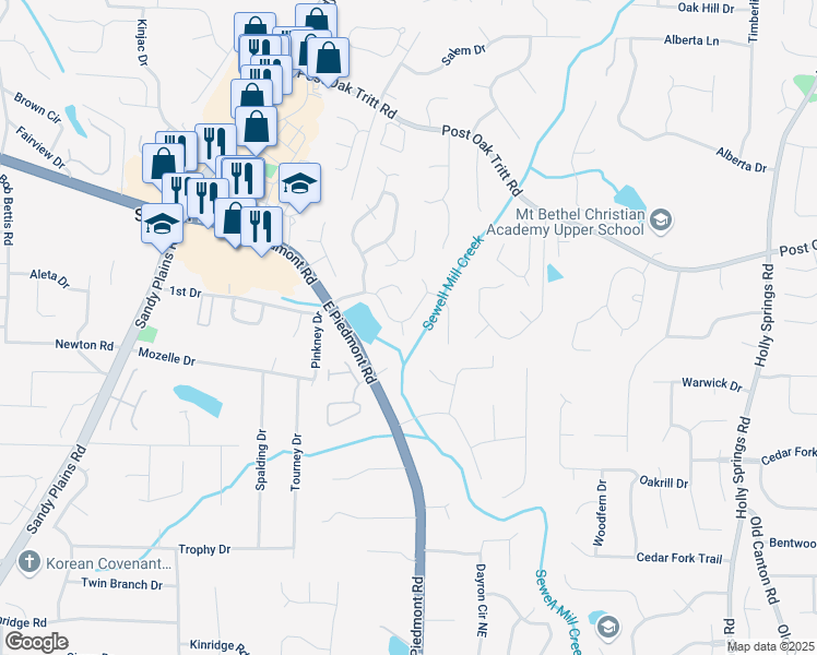 map of restaurants, bars, coffee shops, grocery stores, and more near 2186 Mainsail Drive Northeast in Marietta