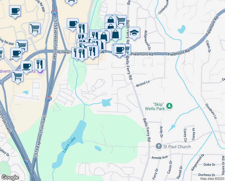 map of restaurants, bars, coffee shops, grocery stores, and more near 2452 Lake Brook Drive in Marietta