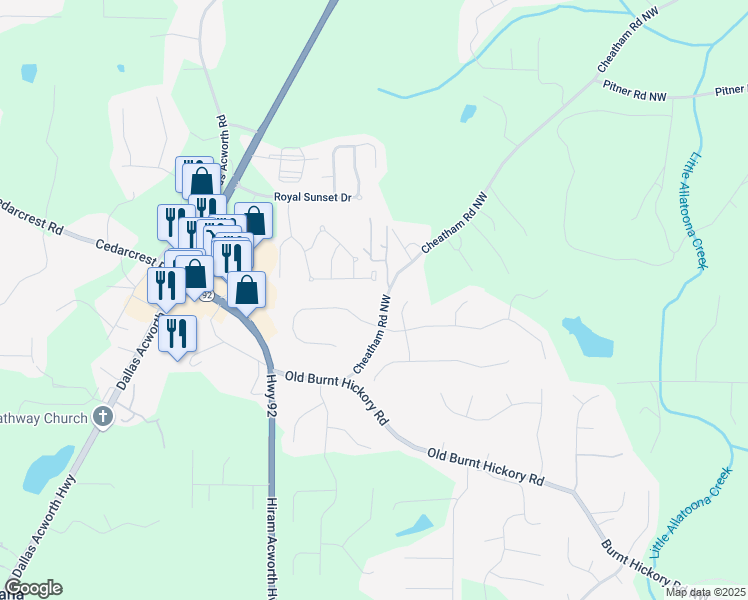 map of restaurants, bars, coffee shops, grocery stores, and more near 223 Cheatham Road Northwest in Acworth