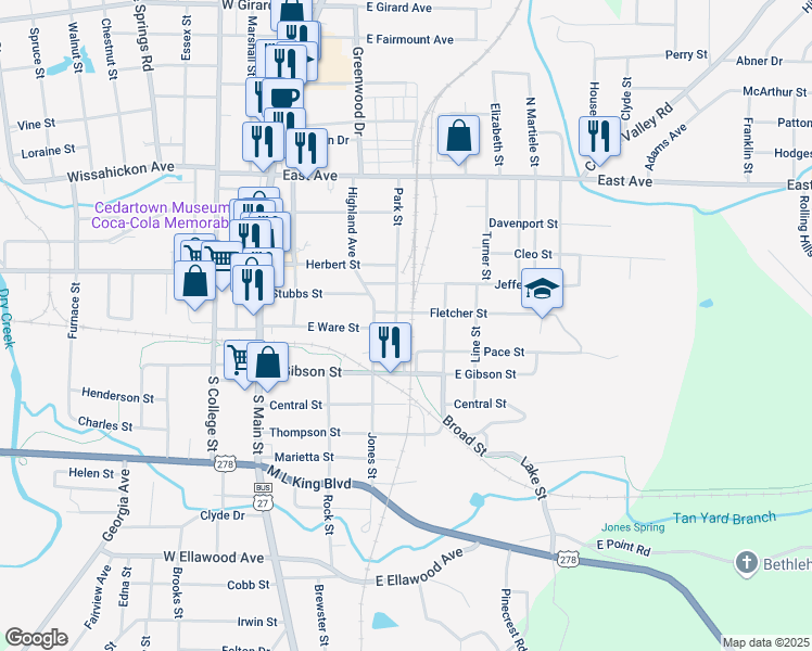 map of restaurants, bars, coffee shops, grocery stores, and more near 409 Park Street in Cedartown