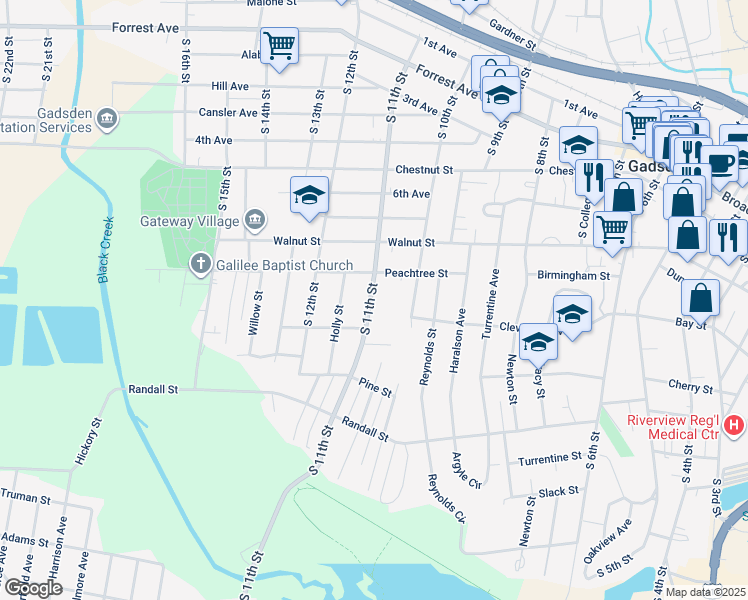 map of restaurants, bars, coffee shops, grocery stores, and more near 922 South 11th Street in Gadsden