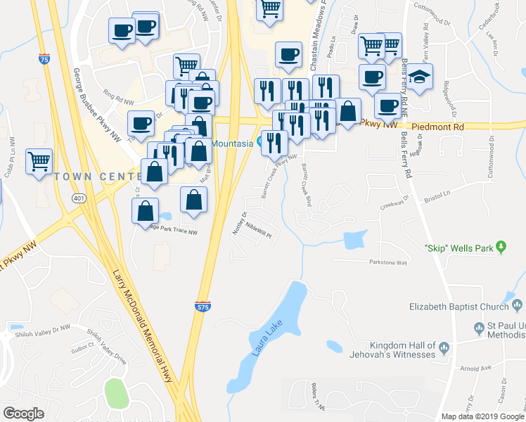 map of restaurants, bars, coffee shops, grocery stores, and more near 231 Cavendar Way in Marietta
