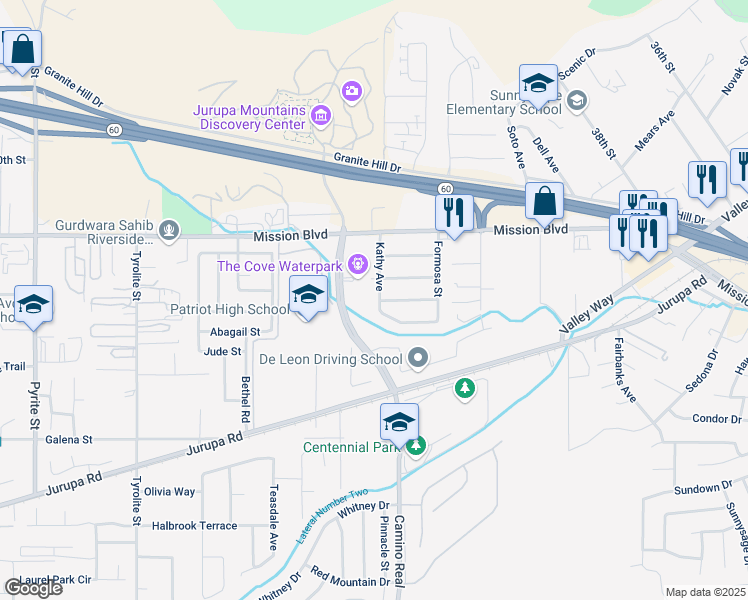 map of restaurants, bars, coffee shops, grocery stores, and more near 4310 Camino Real in Riverside