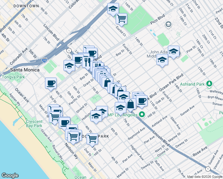 map of restaurants, bars, coffee shops, grocery stores, and more near 2307 Lincoln Boulevard in Santa Monica
