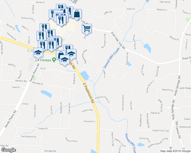 map of restaurants, bars, coffee shops, grocery stores, and more near 2186 Mainsail Drive Northeast in Marietta